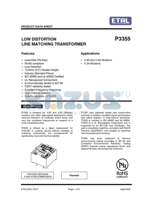 P3355 datasheet - LOW DISTORTION LINE MATCHING TRANSFORMER