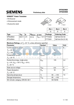 SPU02N60 datasheet - SIPMO Power Transistor