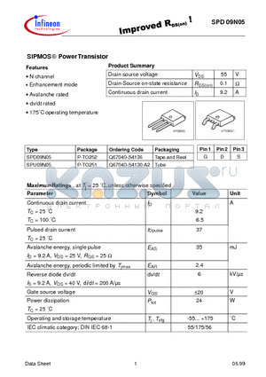 SPU09N05 datasheet - SIPMOS PowerTransistor