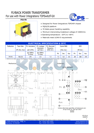 P3170 datasheet - FLYBACK POWER TRANSFORMER