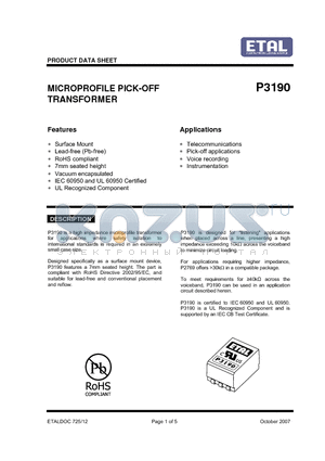 P3190 datasheet - MICROPROFILE PICK-OFF TRANSFORMER