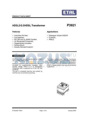 P3921 datasheet - HDSL2/G.SHDSL Transformer