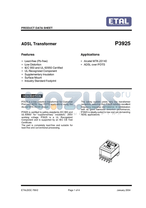 P3925 datasheet - ADSL Transformer