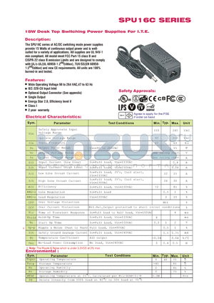 SPU16C datasheet - 15W Desk Top Switching Power Supplies For I.T.E.