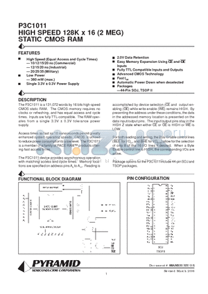 P3C1011-10TM datasheet - HIGH SPEED 128K x 16 (2 MEG) STATIC CMOS RAM