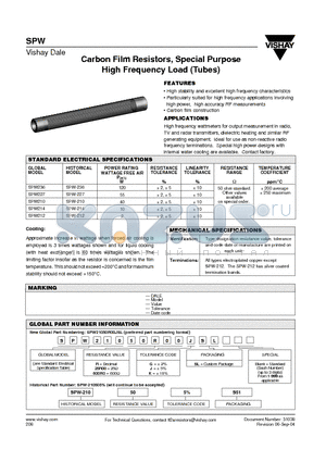 SPW datasheet - Carbon Film Resistors, Special Purpose High Frequency Load (Tubes)