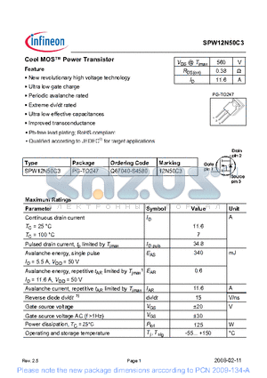 SPW12N50C3 datasheet - COOL MOS POWER TRANSISTOR