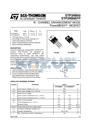 P3NB60FP datasheet - N - CHANNEL ENHANCEMENT MODE PowerMESH  MOSFET