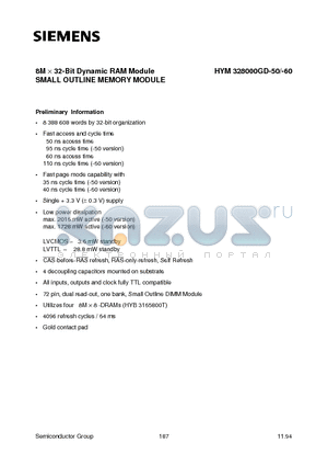 HYM328000GD-50 datasheet - 8M x 32-Bit Dynamic RAM Module SMALL OUTLINE MEMORY MODULE