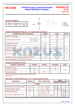 P45N03LTG datasheet - N-Channel Logic Level Enhancement Mode Field Effect Transistor