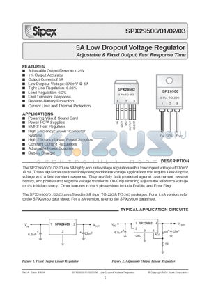 SPX29500 datasheet - 5A Low Dropout Voltage Regulator Adjustable & Fixed Output, Fast Response Time