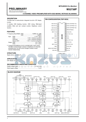 M52738P datasheet - 3-CHANNEL VIDEO PREAMPLIFIER WITH OSD MIXING, RETRACE BLANKING