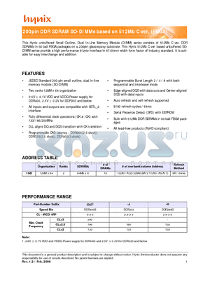 HYMD512M646CLFP8-H datasheet - 200pin DDR SDRAM SO-DIMMs based on 512Mb C ver. (FBGA)