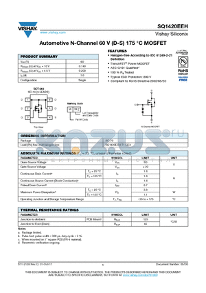 SQ1420EEH datasheet - Automotive N-Channel 60 V (D-S) 175 `C MOSFET