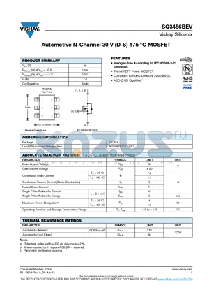 SQ3456BEV datasheet - Automotive N-Channel 30 V (D-S) 175 `C MOSFET