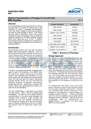 M542 datasheet - Electrical Characterization of Packages for Use with GaAs MMIC Amplifiers