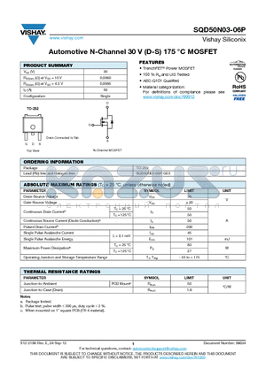 SQD50N03-06P datasheet - Automotive N-Channel 30 V (D-S) 175 `C MOSFET