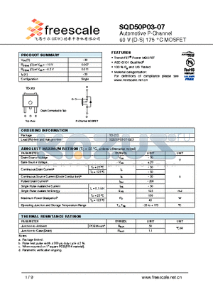 SQD50P03-07 datasheet - Automotive P-Channel 60 V (D-S) 175 `C MOSFET