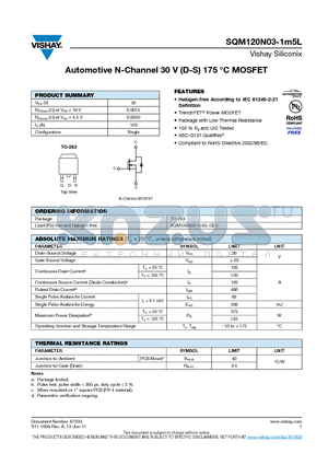 SQM120N03-1M5L datasheet - Automotive N-Channel 30 V (D-S) 175 `C MOSFET