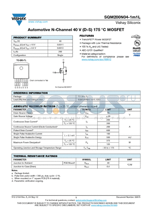 SQM200N04-1M1L datasheet - Automotive N-Channel 40 V (D-S) 175 `C MOSFET