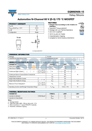 SQM60N06-15 datasheet - Automotive N-Channel 60 V (D-S) 175 `C MOSFET