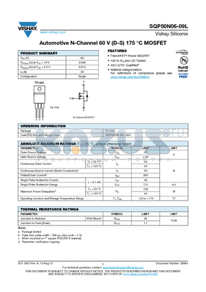 SQP50N06-09L datasheet - Automotive N-Channel 60 V (D-S) 175 `C MOSFET