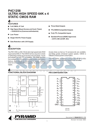 P4C1258-20JI datasheet - ULTRA HIGH SPEED 64K x 4 STATIC CMOS RAM