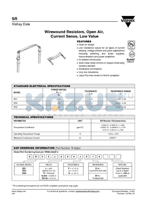 SR1 datasheet - Wirewound Resistors, Open Air, Current Sense, Low Value