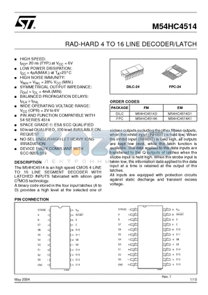 M54HC4514D datasheet - RAD-HARD 4 TO 16 LINE DECODER/LATCH