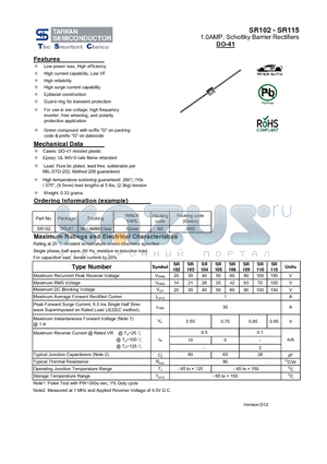 SR115 datasheet - 1.0AMP. Schottky Barrier Rectifiers High reliability