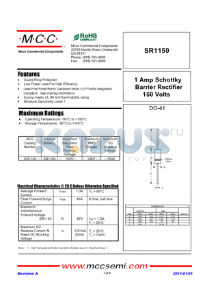 SR1150 datasheet - 1 Amp Schottky Barrier Rectifier 150 Volts