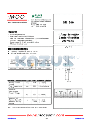 SR1200 datasheet - 1 Amp Schottky Barrier Rectifier 200 Volts
