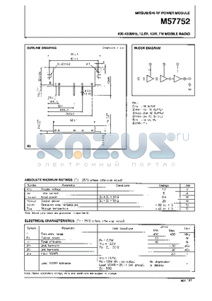 M57752 datasheet - 430-450MHz, 12.5V, 13W, FM MOBILE RADIO