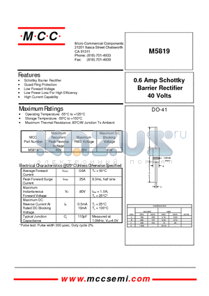 M5819 datasheet - 0.6 Amp Schottky Barrier Rectifier 40 Volts