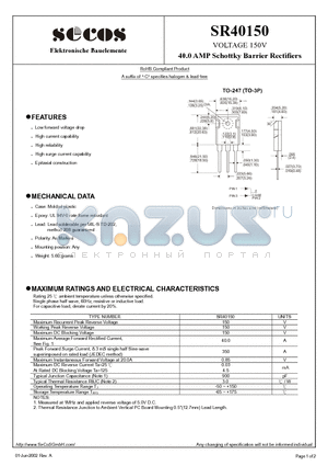 SR40150 datasheet - 40.0 AMP Schottky Barrier Rectifiers