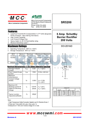 SR5200 datasheet - 5 Amp Schottky Barrier Rectifier 200 Volts