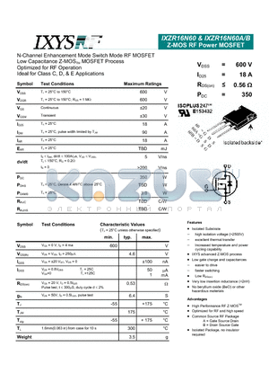 IXZR16N60 datasheet - Z-MOS RF Power MOSFET