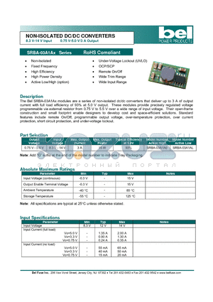 SRBA-03A1A0 datasheet - NON-ISOLATED DC/DC CONVERTERS 8.3 V-14 V Input 0.75 V-5.0 V/3 A Output