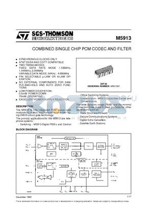 M5913B1 datasheet - COMBINED SINGLE CHIP PCM CODEC AND FILTER