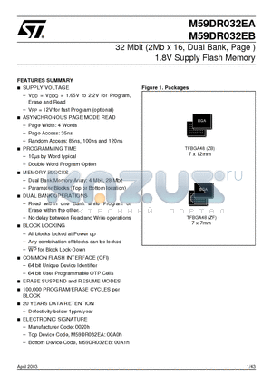 M59DR032E-ZB datasheet - 32 Mbit (2Mb x 16, Dual Bank, Page ) 1.8V Supply Flash Memory