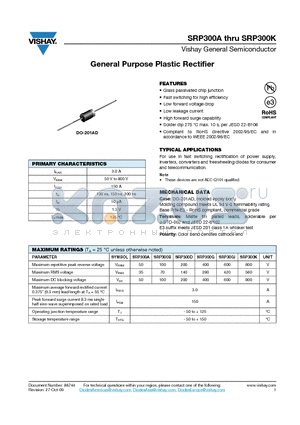 SRP300D datasheet - General Purpose Plastic Rectifier