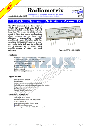 ENT1-169.406250-3 datasheet - 12.5kHz Channel VHF High Power TX