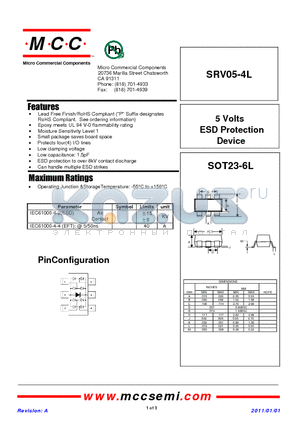 SRV05-4L datasheet - 5 Volts ESD Protection Device