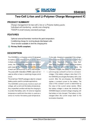 SS4036G datasheet - Two-Cell Li-Ion and Li-Polymer Charge Management IC