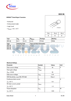 SS98 datasheet - SIPMOS Small-Signal Transistor
