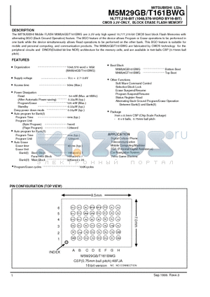 M5M29GT160BVP datasheet - 16,777,216-BIT (1048,576-WORD BY16-BIT) CMOS 3.3V-ONLY, BLOCK ERASE FLASH MEMORY