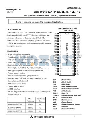 M5M4V64S40ATP-10 datasheet - 64M (4-BANK x 1048576-WORD x 16-BIT) Synchronous DRAM