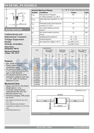 P4KE220A datasheet - Unidirectional and bidirectional Transient Voltage Suppressor diodes