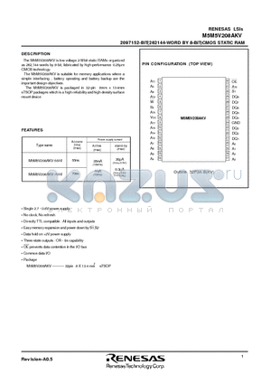 M5M5V208AKV datasheet - 2097152-BIT(262144-WORD BY 8-BIT)CMOS STATIC RAM