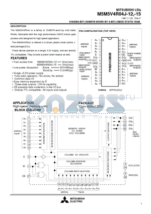 M5M5V4R04J-15 datasheet - 4194304-BIT (1048576-WORD BY 4-BIT) CMOS STATIC RAM